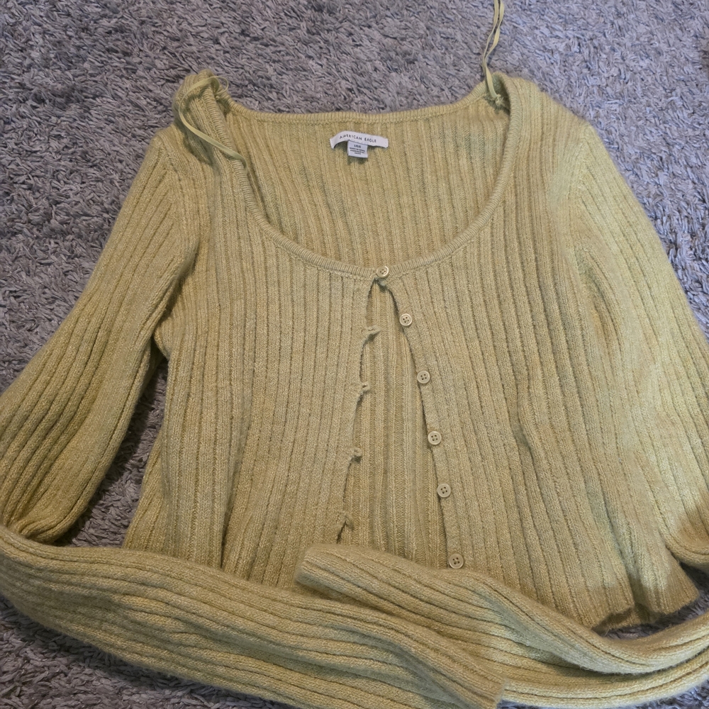American Eagle Yellow Ribbed Button Cardigan